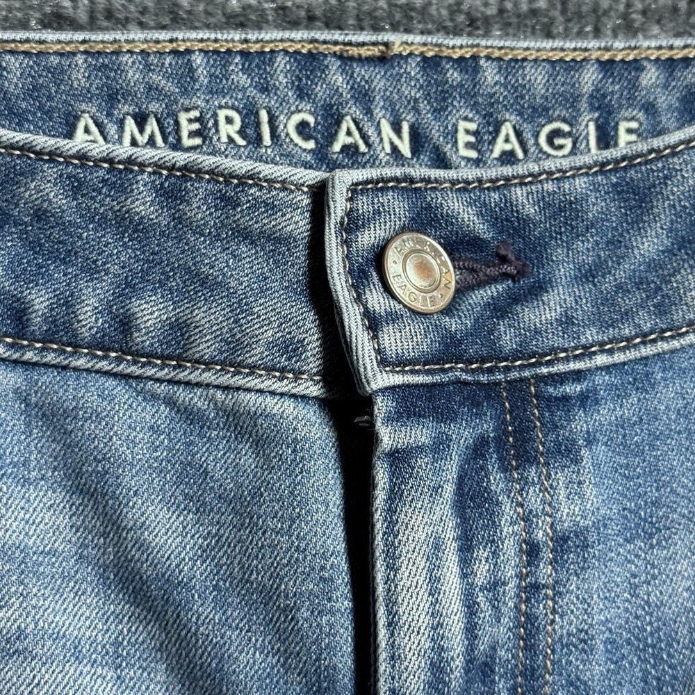 American Eagle Kick Boot Jeans 10 Super Low Rise Distressed Stretch Y2K Blue 30W - Picture 10 of 14